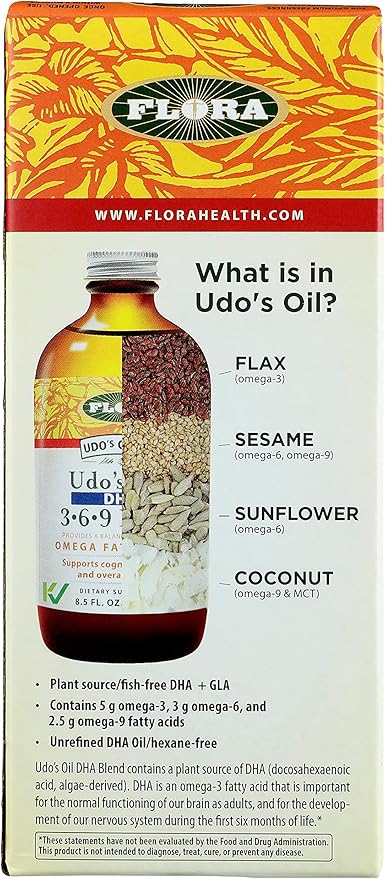 Flora - Udo's Oil DHA 3-6-9 Blend - Vegetarian Eye & Brain Health Supplement - Omega-3 & Omega-6 - Contains Sunflower & Flax Seed Oil - Kosher & Organic - Keep Chilled - 17 fl. oz.