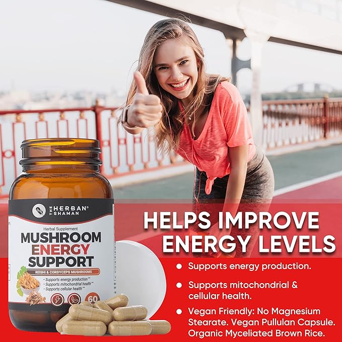 Mushroom Supplement Energy Support | Organic Mushroom Herbal Capsules with Reishi, Ginkgo, Rhodiola, Maca, Chinese Ginseng, CoQ10 + More (60 Capsules)