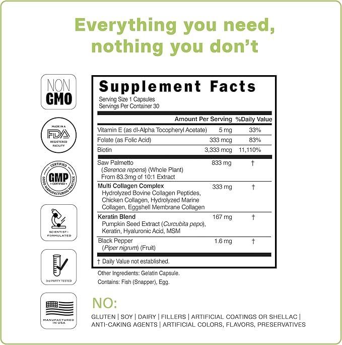 Best Biotin | Collagen | Keratin - Clinically Tested Multi Collagen Supplement for Hair Growth, Healthy Skin and Strong Nails. Non-GMO, Vegan, Gluten-Free. Made in USA. 30 Day Supply - 30 Count