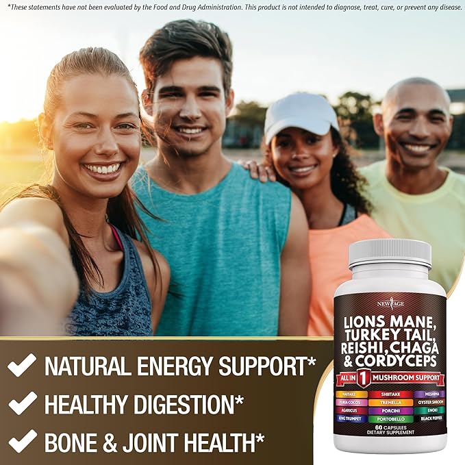 NEW AGE Lions Mane Mushroom Supplement with Turkey Tail Reishi Cordyceps Chaga with Marshmallow Root