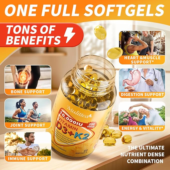 3 in 1 Vitamin D3 K2 Softgels with Natural MCT, 10000 IU - Vitamin D Plus MK-7 200mcg, No Fillers, Non-GMO for Immune Support, Bone & Heart Health, Plant-Based Ultimate Absorption, 1 Months Supply