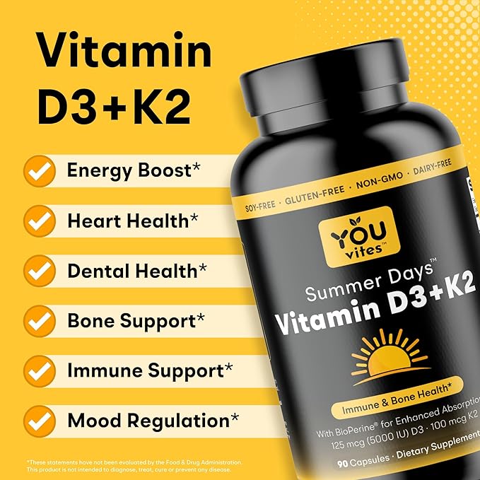 Vitamin D3 K2 - Max Absorption, 5000 IU Vitamin D3 + K2 MK7 100 mcg with BioPerine Black Pepper Extract - Immune, Bone & Heart Health Supplement - Non-GMO - 90 Capsules