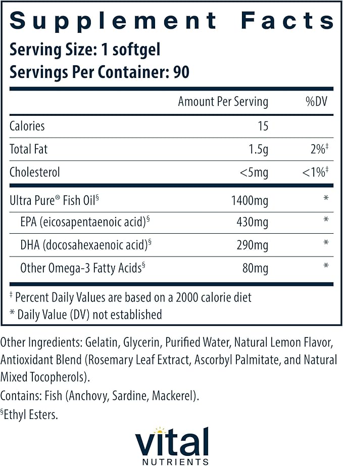 Vital Nutrients Ultra Pure® Fish Oil 800 | Supports Heart, Brain, & Immune Health* | Sustainably Sourced High EPA & DHA Omega-3 Fatty Acid | Lemon Flavor | Gluten, Dairy, Soy Free | 90 Softgels