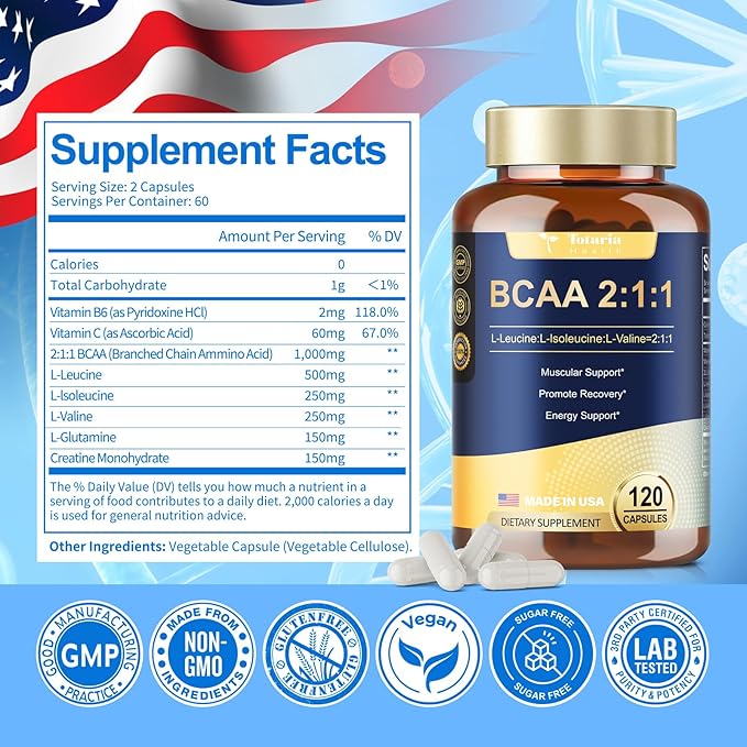 High Purity Branched Chain Amino Acids Supplement - BCAA 2:1:1 Capsules with Creatine Monohydrate, L-Glutamine, Vitamin B6 and Vitamin C for Men & Women, 120 Count