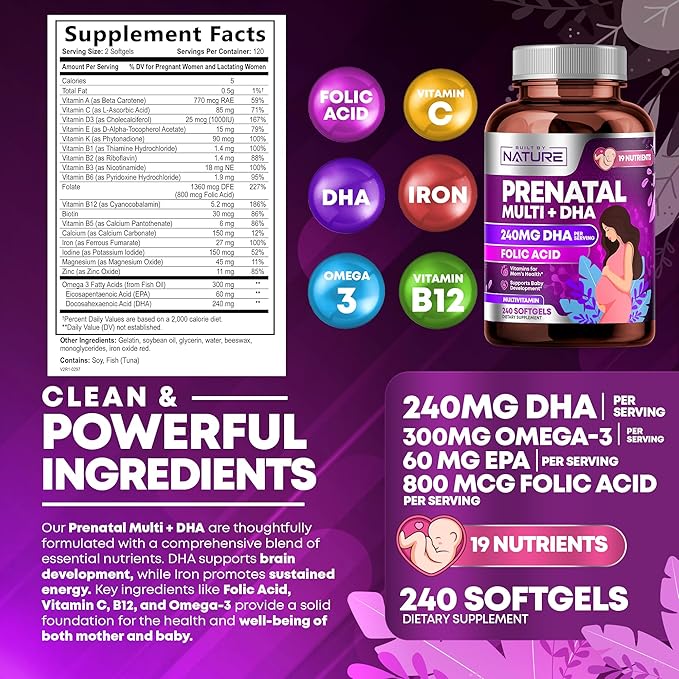 Prenatal Vitamins for Women - Multivitamin with DHA, Folic Acid, Vitamin C, B12, Iron & Omega-3 - Before, During & Post Pregnancy Supplement for Healthy Growth & Brain Development - 240 Softgels