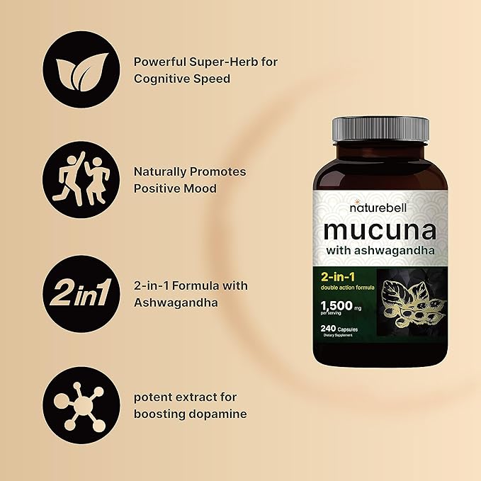 Mucuna Pruriens Capsules, Triple Strength 1500mg Per Serving, 2 in 1 Formula, Made with Mucuna and Ashwagandha, 240 Capsules, Potent Seed Extract, Positive Mood, Relaxation & Restoration Support