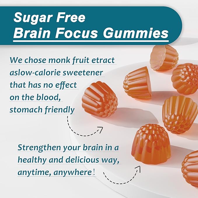 Sugar Free L-Tyrosine Focus Gummies L-Theanine Vitamin B12 & B6, Brain Herbs w/Lion's Mane Mushroom, Ginkgo Biloba, Bacopa Monnieri, Choline - Brain Supplements for Memoery, Nootropic, Energy, 2Packs