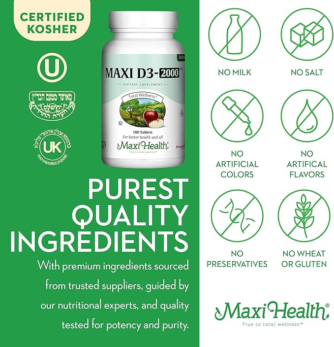 Maxi Health Vitamin D3 2000 IU - for Healthy Muscle Function, Bone Health and Immune Support – 180 Tablets – Best Kosher Supplement for Adults