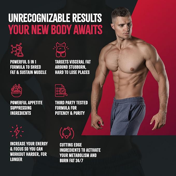 BioSync - Male Burner UNLEASHED | Fat Burner for Men Weight Loss Pills | Appetite Suppressant, Carb Blocker, Energy Booster | 6 Ultra Dosed Powerful Ingredients | Safe 3rd Party Tested - 60 Capsules