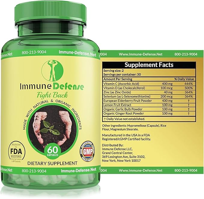 Immune Support Supplement - Natural & Organic Immune Boosters for Adults - Immunity Support with Vitamin C & Vitamin D, Garlic, Ginger, Lemon, Elderberry, Selenium & Zinc - 60 Capsules
