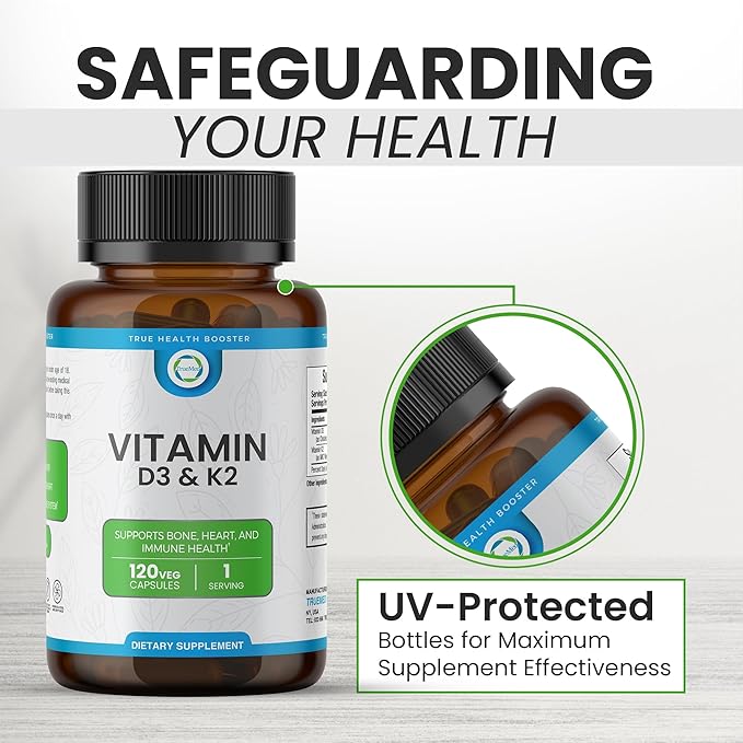 Vitamin D3 & K2 Supplement – High-Potency D3 5000 IU + K2 MK7 – Supports Bone, Heart & Immune Health – Calcium Absorption & Cardiovascular Wellness – 120 Vegan Capsules
