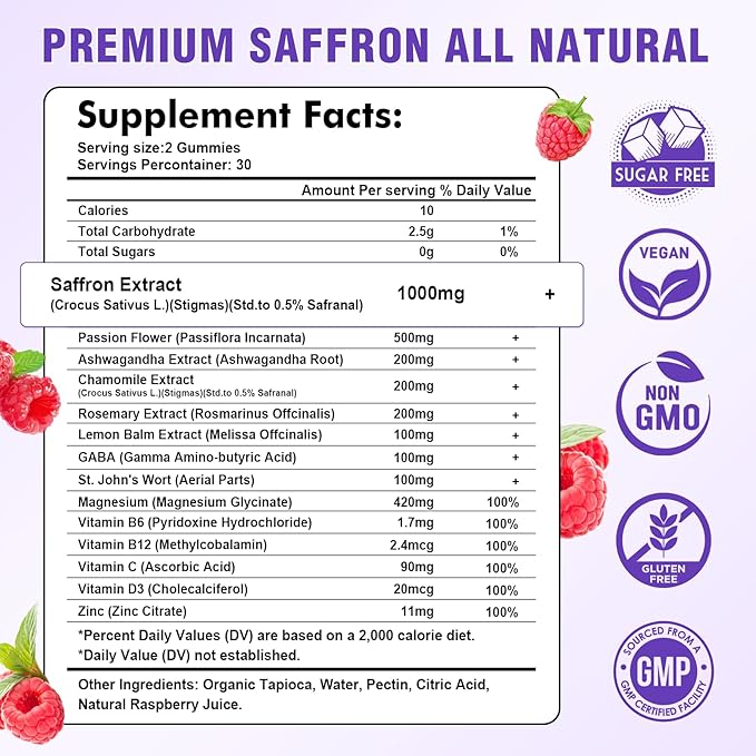 Saffron Gummies - Sugar Free Saffron Supplement for Men Women Mood Support Supplement with Saffron Extract, Passion Flower, Magnesium & Vitamins for Relaxation, Focus, Raspberry Flavor, 120 Count