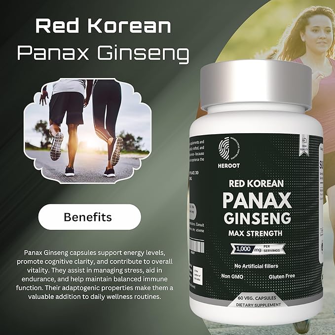 Panax Ginseng Capsule 500 MG Per Serving Energy, Memory & Brain Health Support, Non-GMO (Pack of 60 Capsule)