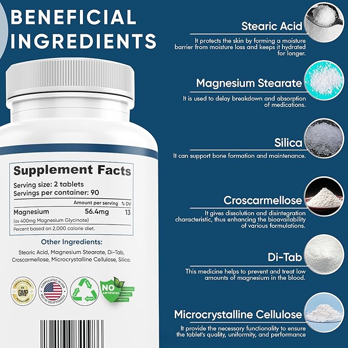 400 mg Magnesium Glycinate 180 Tablets Non Buffered High Absorption Non-GMO Promotes Cardiovascular Health Supplement for Stress Relief, Sleep, Heart Health, Ease Muscles, Calm Headaches, Nerves
