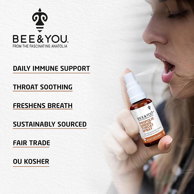 Bee and You Propolis Ginger Raw Honey Soothing Throat Spray, Ultra Pure, Immune Support Supplement, Oral Health, Antioxidants, Keto, Paleo, Gluten-Free, 1 Fl Oz