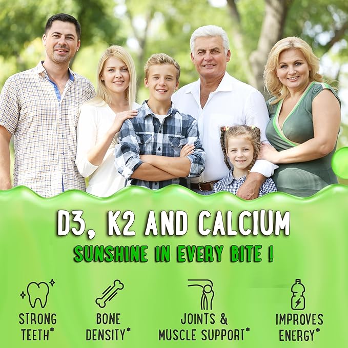 Center-Filled Vitamin D3 K2 Gummies - Kids, Teens & Adults - Supplement for Healthy Teeth, Bone, Energy & Immunity - 5000 IU D3, 120 mcg K2(MK-7), 120 mg Calcium - Vegan & Non-GMO - 60 Count