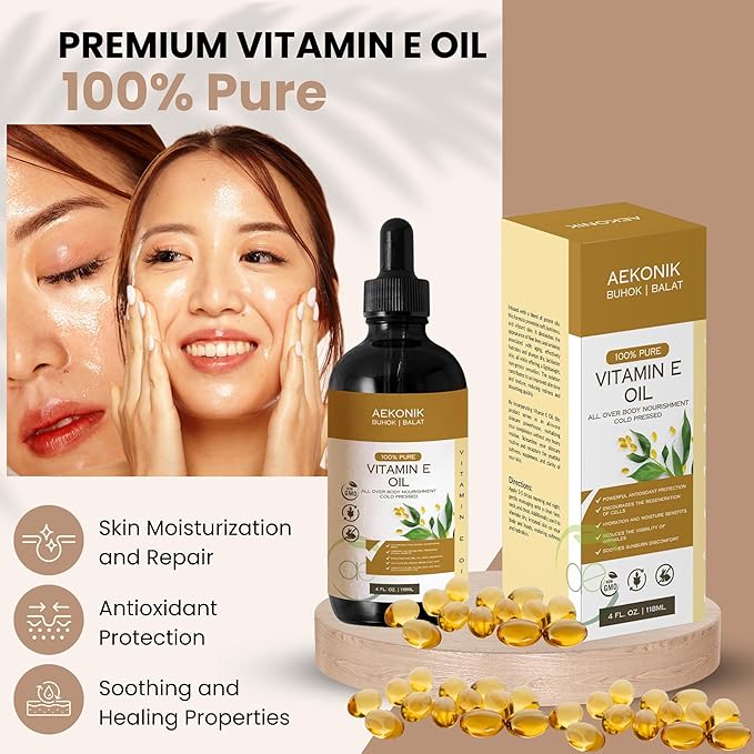 Organic Vitamin E Oil - Essential Pure Vitamin E Oil For Body Care and Skin Care - 4-Oz Bottle for Dry Skin, Wrinkles, Stretch Marks, Acne & Anti-Aging