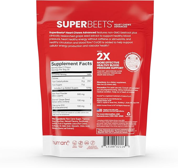 HumanN SuperBeets Heart Chews Advanced - 100mg of CoQ10 Plus Beetroot & Grape Seed Extract, 120 Count