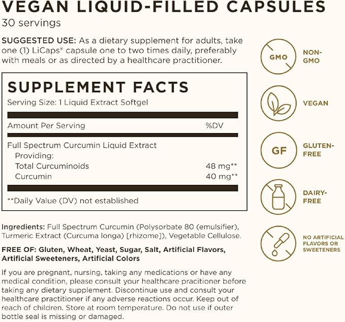 SOLGAR Full Spectrum Curcumin - 30 LiCaps - Superior Absorption - Brain, Joint & Immune Health - Vegan, Gluten Free, Non-GMO, Dairy Free - 30 Servings