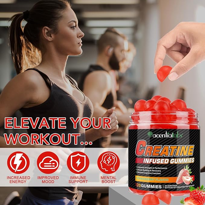 Creatine Monohydrate Gummies 5000mg for Men & Women, Creatine Monohydrate, L-Taurine, Vitamin B12 for Muscle Growth, Strength, Focus, Energy & Health, Sugar Free, Vegan, Strawberry Flavor, 120 Count