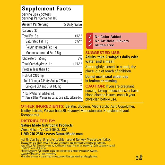 Nature Made Burp Less Fish Oil Omega 3 Supplements, 1200 mg Softgels, Omega 3 Fish Oil for Healthy Heart Support, 200 Softgels, 100 Day Supply