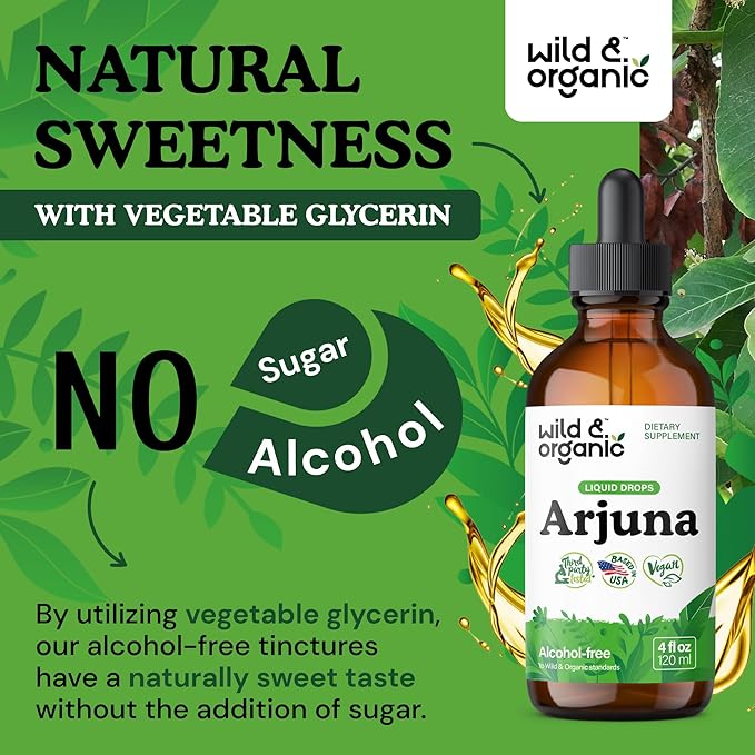 Wild & Organic Arjuna Bark Tincture - Overall Well-Being Supplement - Alcohol-Free Liquid Drops - Terminalia Arjuna Bark Extract - No Sugar & Additives, Non-GMO - 4 fl oz