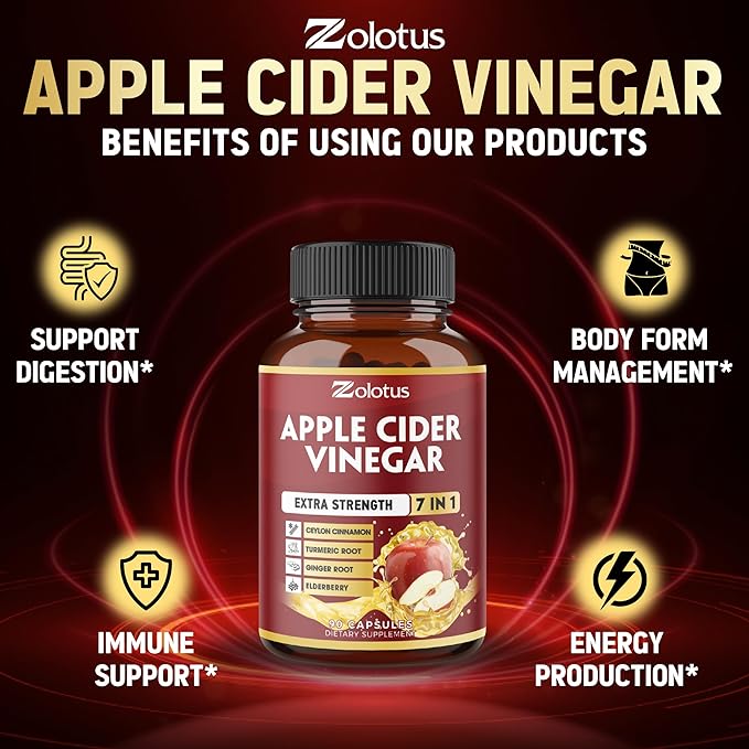 Zolotus 7 in 1 Apple Cider Vinegar Capsules, 3 Month Supply with Ceylon Cinnamon, Ginger Root, Turmeric, Elderberry for Supports Digestion, Immune, 90 Capsules