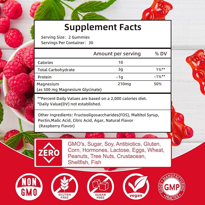 Magnesium Glycinate Gummies 500mg | Relaxation Calm Magnesium Gummies | Sugar-Free | Non-GMO | Gluten-Free | Vegan-Friendly for Adults & Kids (60 Raspberry Gummies)