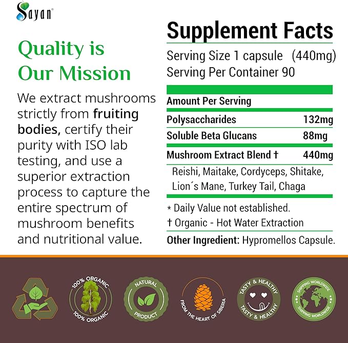 Sayan 7 Mushroom Extract 90 Capsules/440mg ea – Immune Support & Energy – Organic Chaga, Reishi, Lion's Mane, Maitake, Shiitake, Turkey Tail Adaptogen Blend – Vegan, Non-GMO, No Fillers or Additives