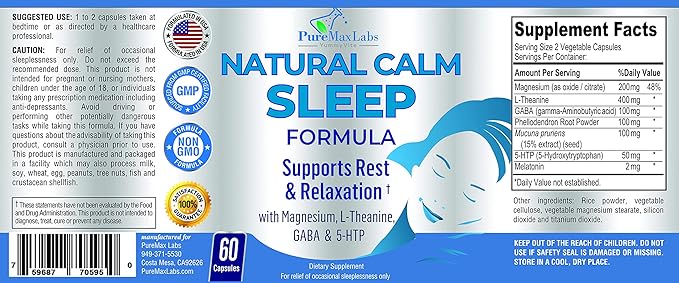 Natural Calm Sleep Aid with Magnesium, L-Theanine, Melatonin, GABA, 5-Htp | Sleep Aid | Non-GMO - 60 Capsules