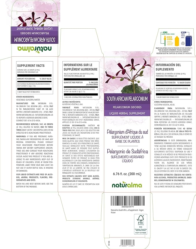 Naturalma South African Pelargonium or Umckaloaba (Pelargonium sidoides) Root Alcohol-Free Tincture - 6.76 fl oz Liquid Extract in Drops - Herbal Supplement - Vegan
