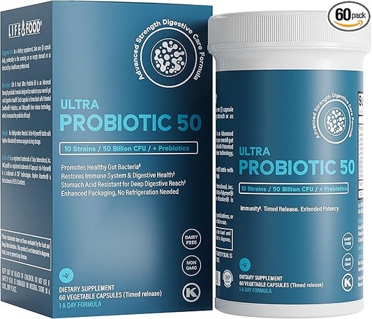 Life & Food Ultra Probiotic 50 Billion CFU w/Sunfiber Prebiotics - Once Daily Time Release Caps, Shelf Life Protection (60ct)