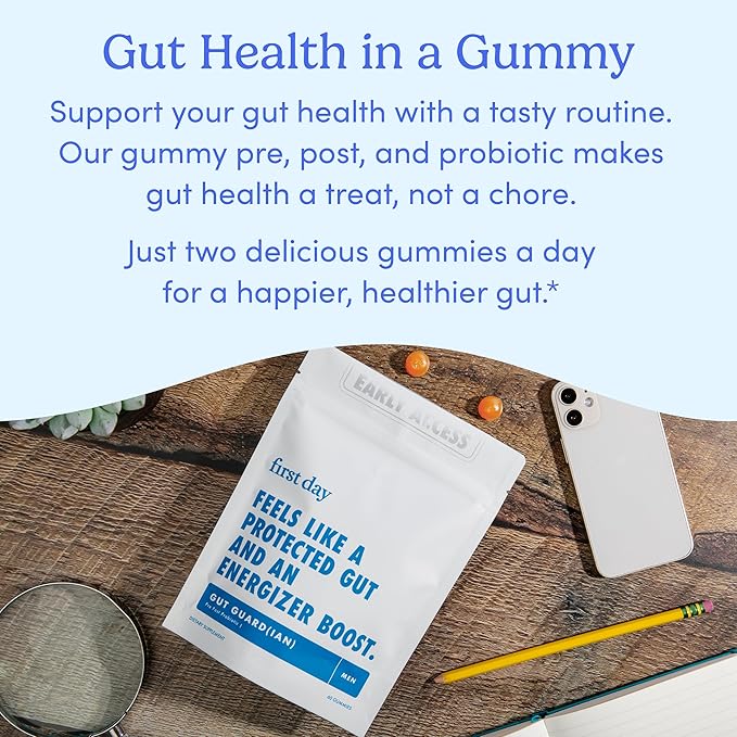 FIRST DAY Men’s Gut Guardian Tribiotic Gummies – 3-in-1 Prebiotic, Probiotic & Postbiotic Supplement – Supports Digestive & Oral Health, Immune Function & Energy Levels – 30-Day Supply