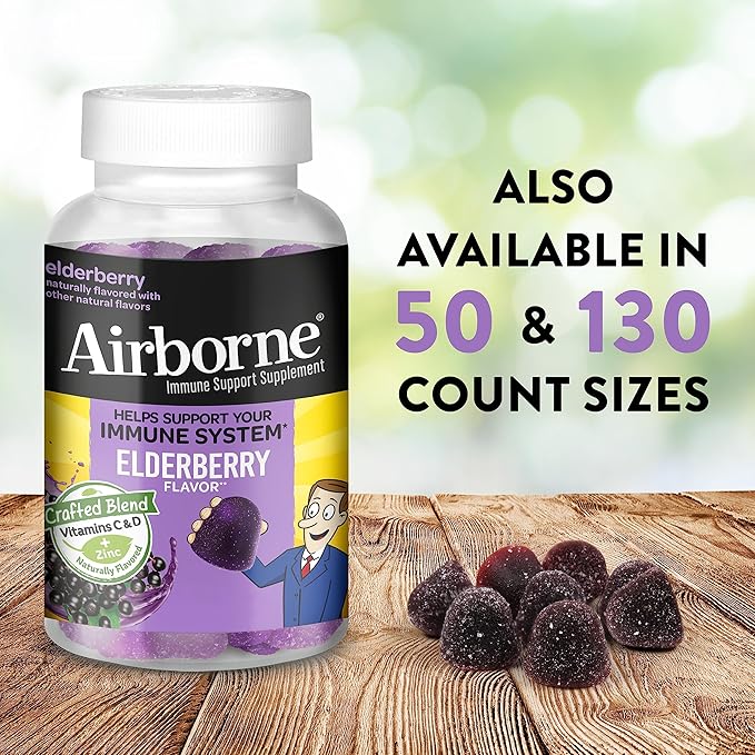 Airborne Elderberry + Zinc & Vitamin C Gummies for Adults, Immune Support Vitamin D & Zinc Gummies with Powerful Antioxidant Vitamins C D & E - 130 Gummies, Elderberry Flavor