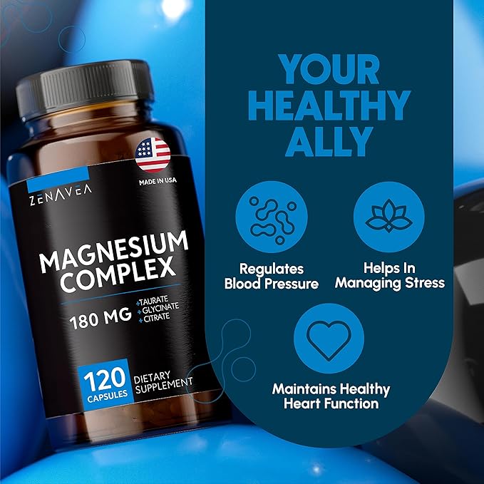 Triple Magnesium Complex Supplement (120 Vegan Capsules) - 180mg of Magnesium Glycinate Taurate and Citrate - Calm Magnesium Complex Supplements