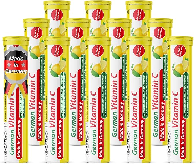 German Vitamin C 180 mg - 240 Vegan Drink Effervescent Tablets - Lemon Lime Flavor - Made in Germany