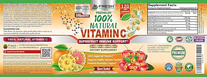 Fresh Healthcare 100% Natural Vitamin C - 500mg from Rose HIPS, Acerola Cherry & Camu Camu - High Absorption Immune Support, Skin, Joint & Collagen Booster with Citrus Biflavonoids - 120 Capsules
