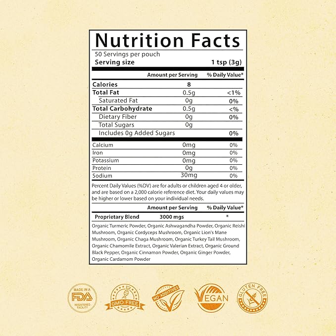 Golden Milk Magic (50 Servings) | Superfood 5 Mushroom Blend for Sleep, Relaxation, Relief | Turmeric, Ashwaghanda, Valerian, Chamomile + 5 Mushroom Blend | Smoothie, Hot Beverage