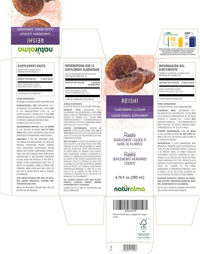 Naturalma Reishi (Ganoderma lucidum) Fungus or Mushroom Alcohol-Free Tincture - 6.76 fl oz Liquid Extract in Drops - Herbal Supplement - Vegan
