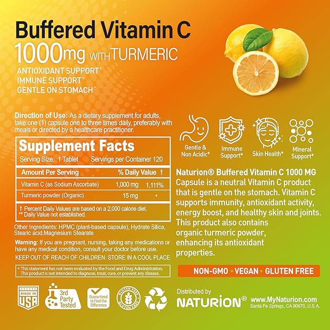 Buffered Vitamin C 1000 mg with Organic Turmeric - Antioxidant & Immune Support - Healthy Skin & Joints - Gluten & Dairy Free - 120 Vegan Capsules, 120 Day Supply