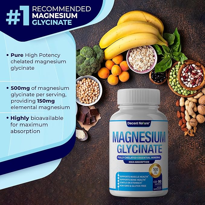 Magnesium Glycinate 500mg Magnesium Supplement - Chelated for High Absorption & Bioavailability Support Sleep, Muscle, Bones, Cramps, Recovery & Energy, Vegan Non-GMO 90 Capsules