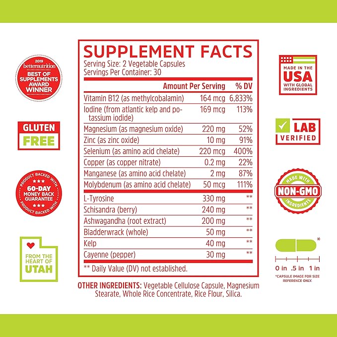 Zhou Thyroid Support - Thyroid Supplement for Women & Men with Zinc, Iodine, & Selenium, Metabolic Health Thyroid Complex with Ashwagandha, Kelp - 60 Veggie Capsules (Pack of 1)