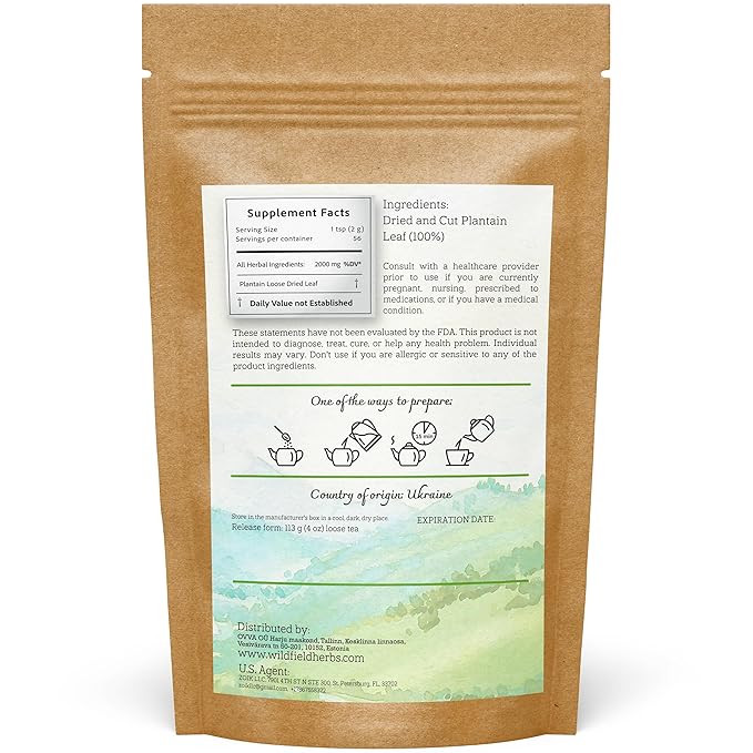 4 oz. Broadleaf Plantain Leaf Herb Tea Dried Plaintains Leaves (Plantago Majoris Folia) - 113g Greater Plantain Leaf Tea Llanten