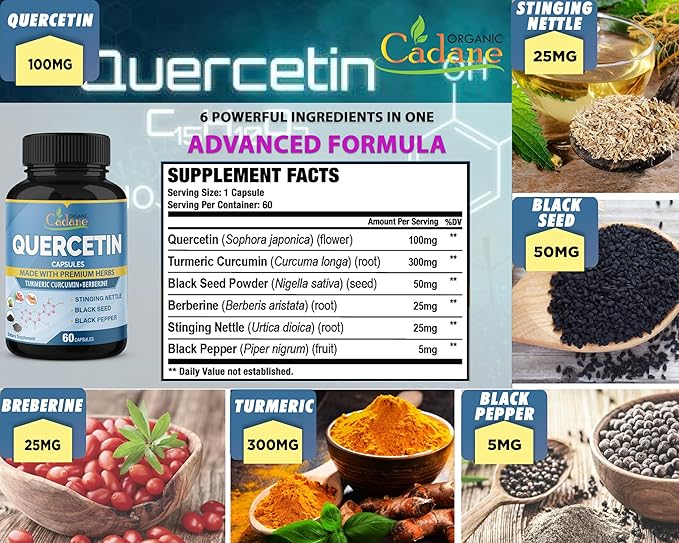 Organic Cadane 2 Packs Quercetin Supplements Capsules, 6in1 with Turmeric, Berberine, Stinging Nettle, Black Seed, Black Pepper - Supports Immune System - 4 Months Supply