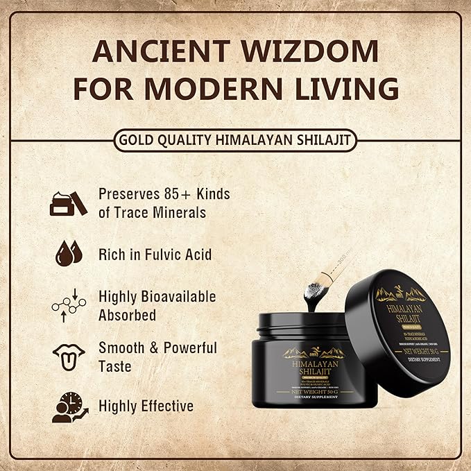 Shilajit Pure Himalayan Shilajit Resin - Gold Grade 100% Pure Shilajit with Fulvic Acid & 85+ Trace Minerals Complex for Energy & Immune Support - 50g