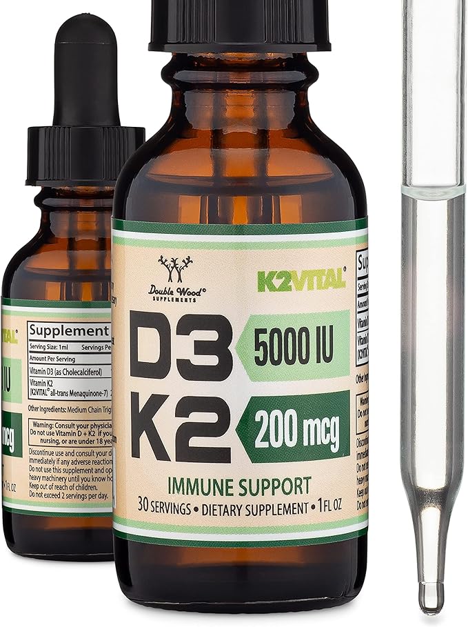 Vitamin D3 K2 5,000 IU Liquid Drops (5,000 IU of D3 and 200mcg of 99.9% All-Trans Patented K2 MK-7 (K2Vital)) Max Absorption Liquid Vitamin D Drops (30 Servings) by Double Wood