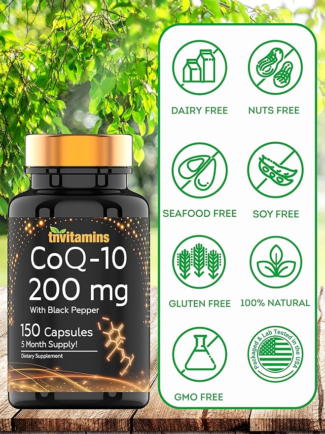 CoQ-10 200mg - 150 Capsules with Black Pepper Extract | 5 Month Supply! | Powerful Free Radical Fighting Antioxidant | Max Absorption Rapid Release Capsules | Coenzyme Q-10 200 mg