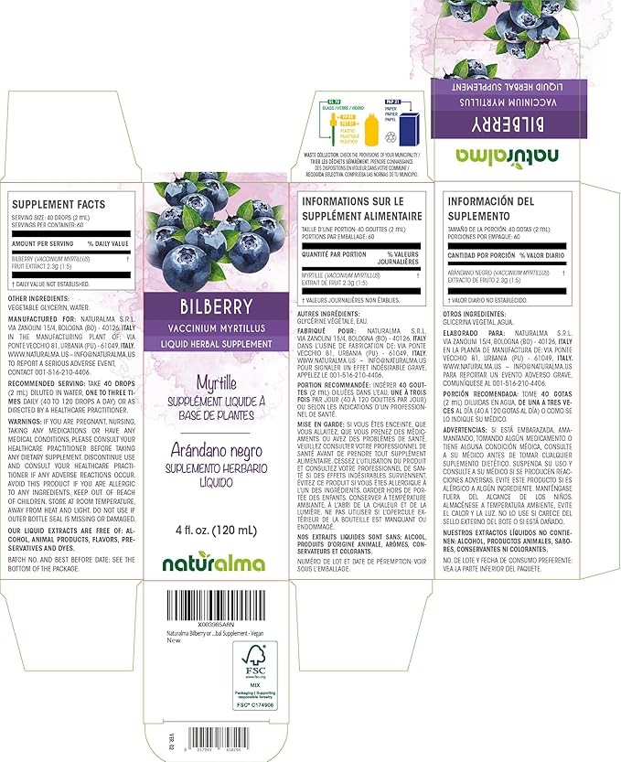 Naturalma Bilberry or European Blueberry (Vaccinium myrtillus) Fruit Alcohol-Free Tincture - 4 fl oz Liquid Extract in Drops - Herbal Supplement - Vegan