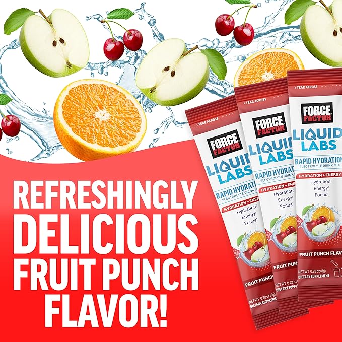 FORCE FACTOR Liquid Labs Energy Drink, Electrolytes Powder, Hydration Packets to Boost Energy & Focus, 5 Essential Electrolytes, Vitamins, Minerals, & Antioxidants, Fruit Punch Flavor, 20 Stick Packs