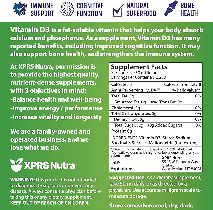 XPRS Nutra Vitamin D3 Powder (Cholecalciferol) - Unflavored VIT D for Bones and Immunity - Vitamin for Muscle Function - Vitamin D Powder Supplements (4 Ounce)